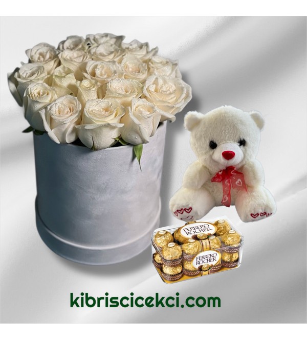 Kutuda 19 Beyaz Gül Ayıcık 16'lı Ferrero Çikolata